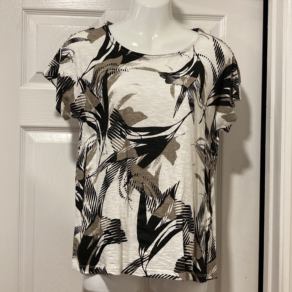 Chico's Black White Taupe Print Round Neck Short Sleeve Capped T-Shirt - Sz 0